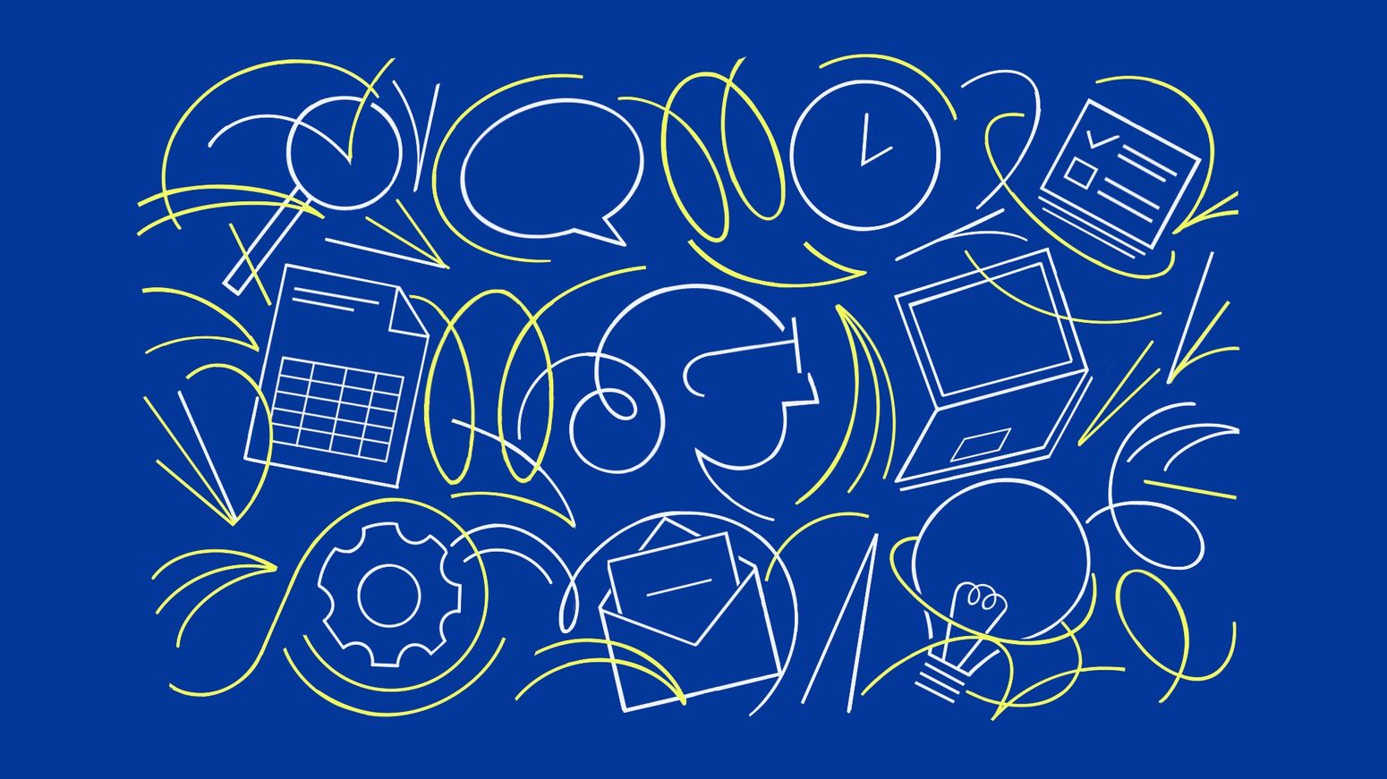 Icons signifying office work appear on a blue background.