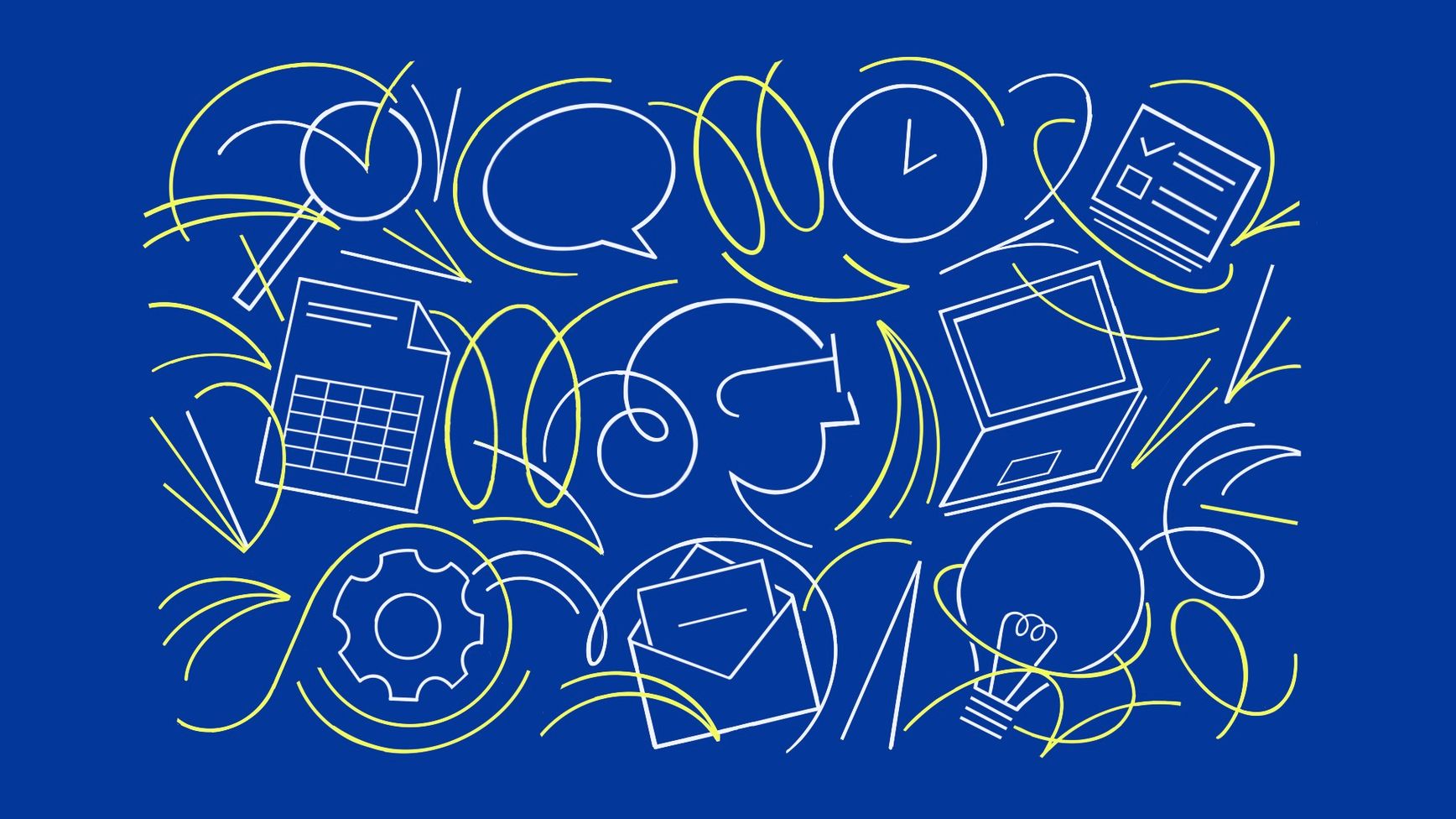 Icons signifying office work appear on a blue background.