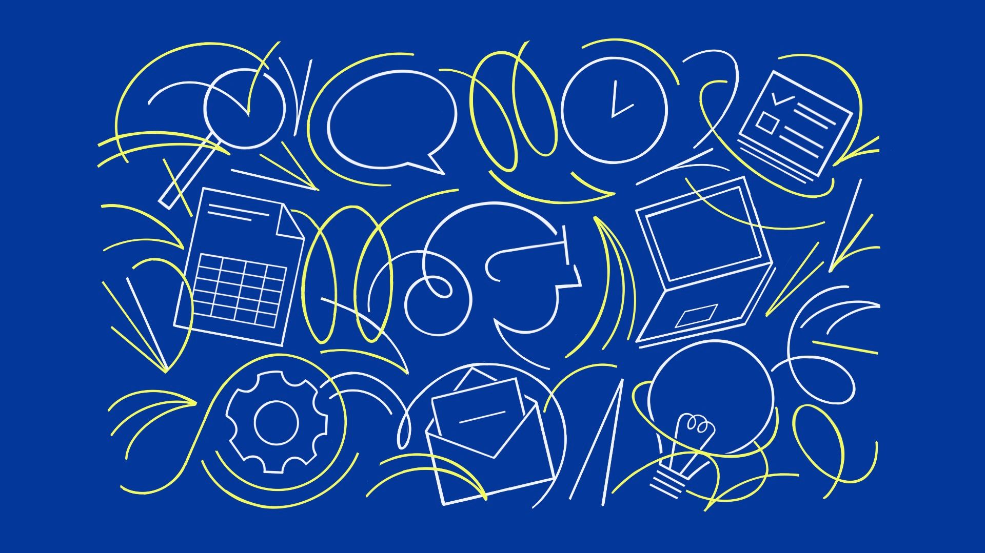 Icons signifying office work appear on a blue background.