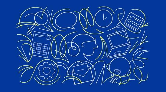 Icons signifying office work appear on a blue background.