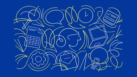 Icons signifying office work appear on a blue background.