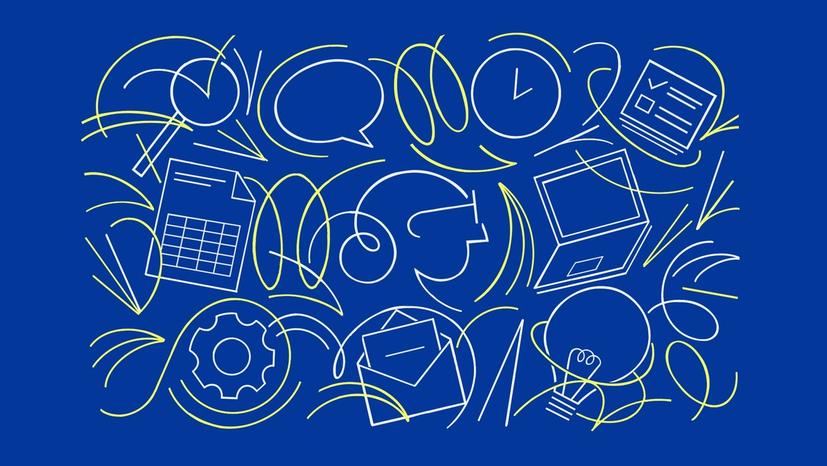 Icons signifying office work appear on a blue background.