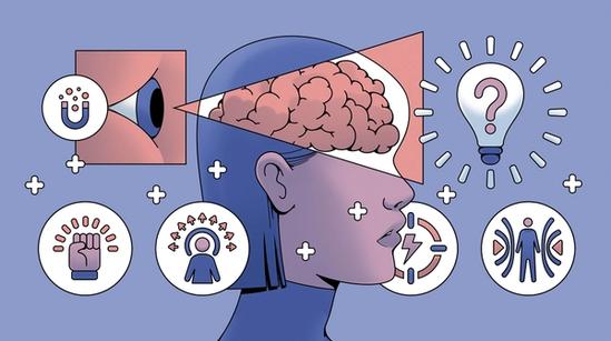 An illustration of a person’s head with a visible brain, surrounded by icons representing ideas, focus, strength, and personal growth on a purple background.
