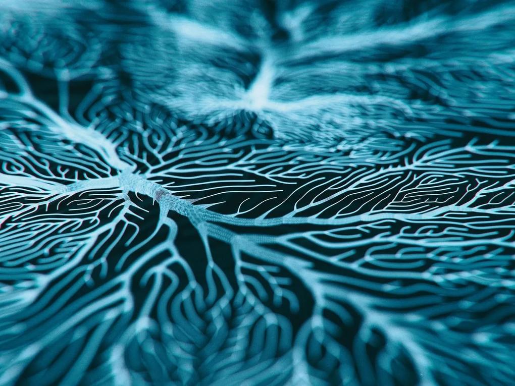 An abstract close-up of intricate, branching lines resembling a neural network or leaf veins, in shades of blue.