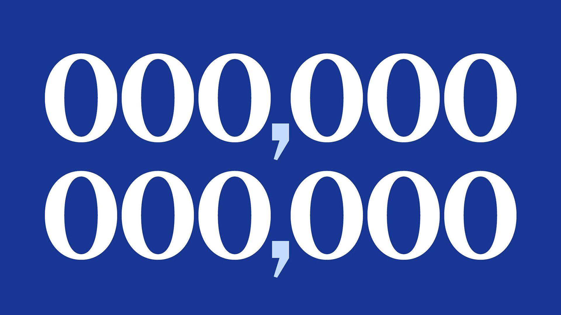 Graphic of large white zeros and commas arranged in two rows on a solid blue background.