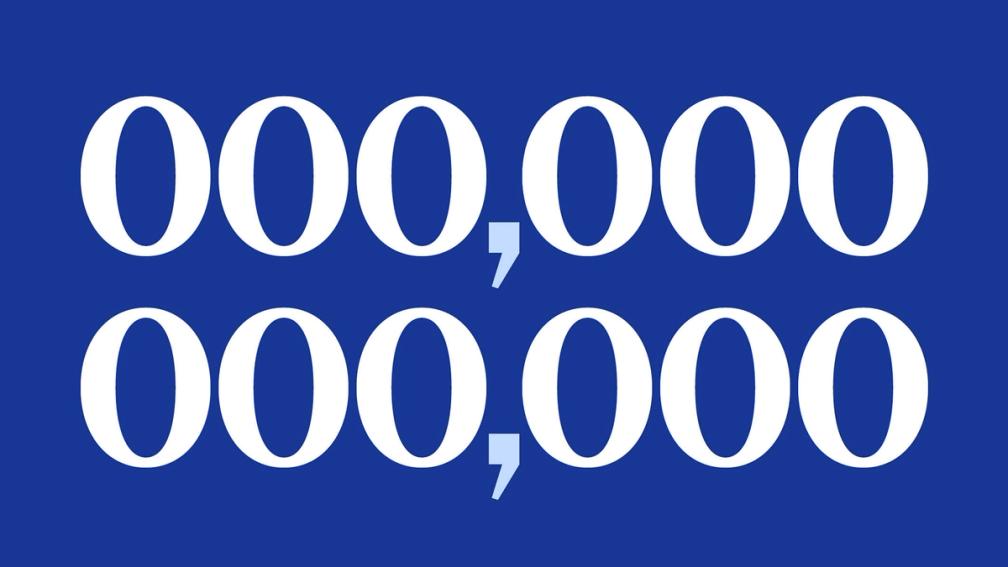 Graphic of large white zeros and commas arranged in two rows on a solid blue background.