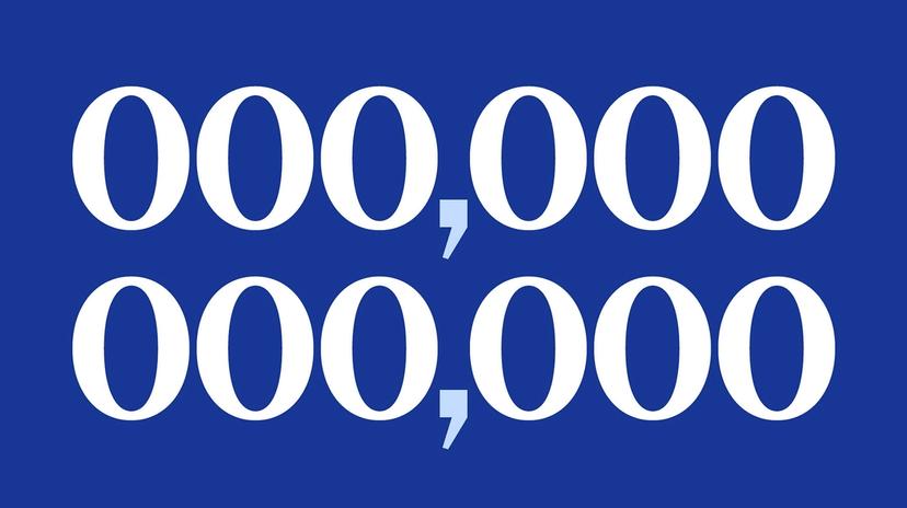 Graphic of large white zeros and commas arranged in two rows on a solid blue background.