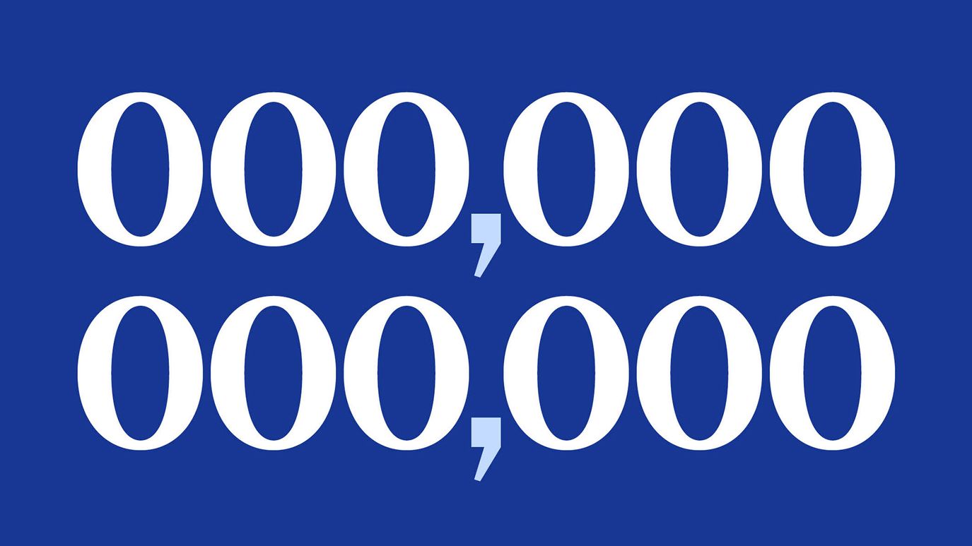 Graphic of large white zeros and commas arranged in two rows on a solid blue background.