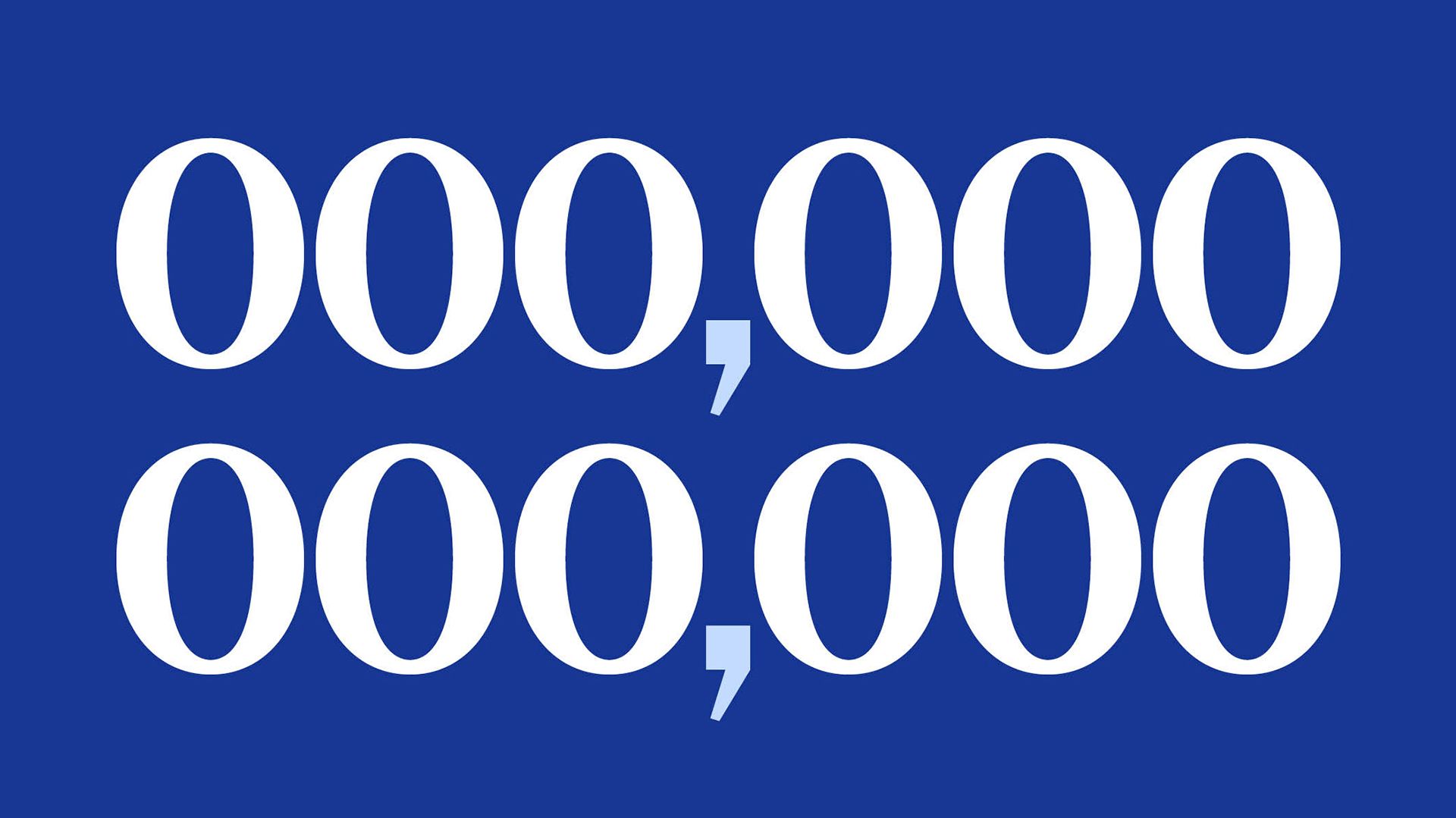 Graphic of large white zeros and commas arranged in two rows on a solid blue background.