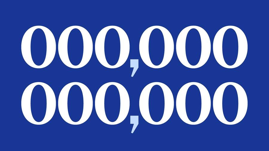 Graphic of large white zeros and commas arranged in two rows on a solid blue background.