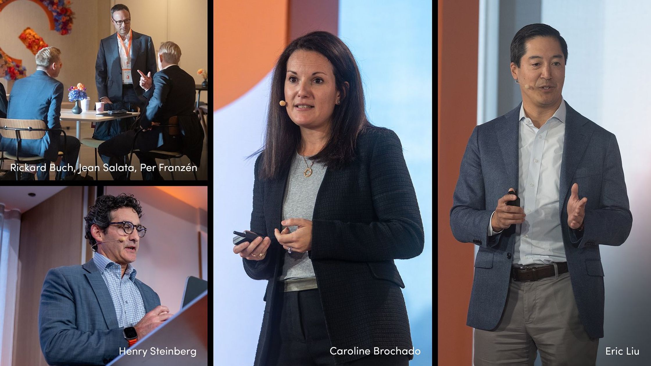 Collage of speakers and attendees at a business or conference event, showing people presenting on stage and networking at small tables.