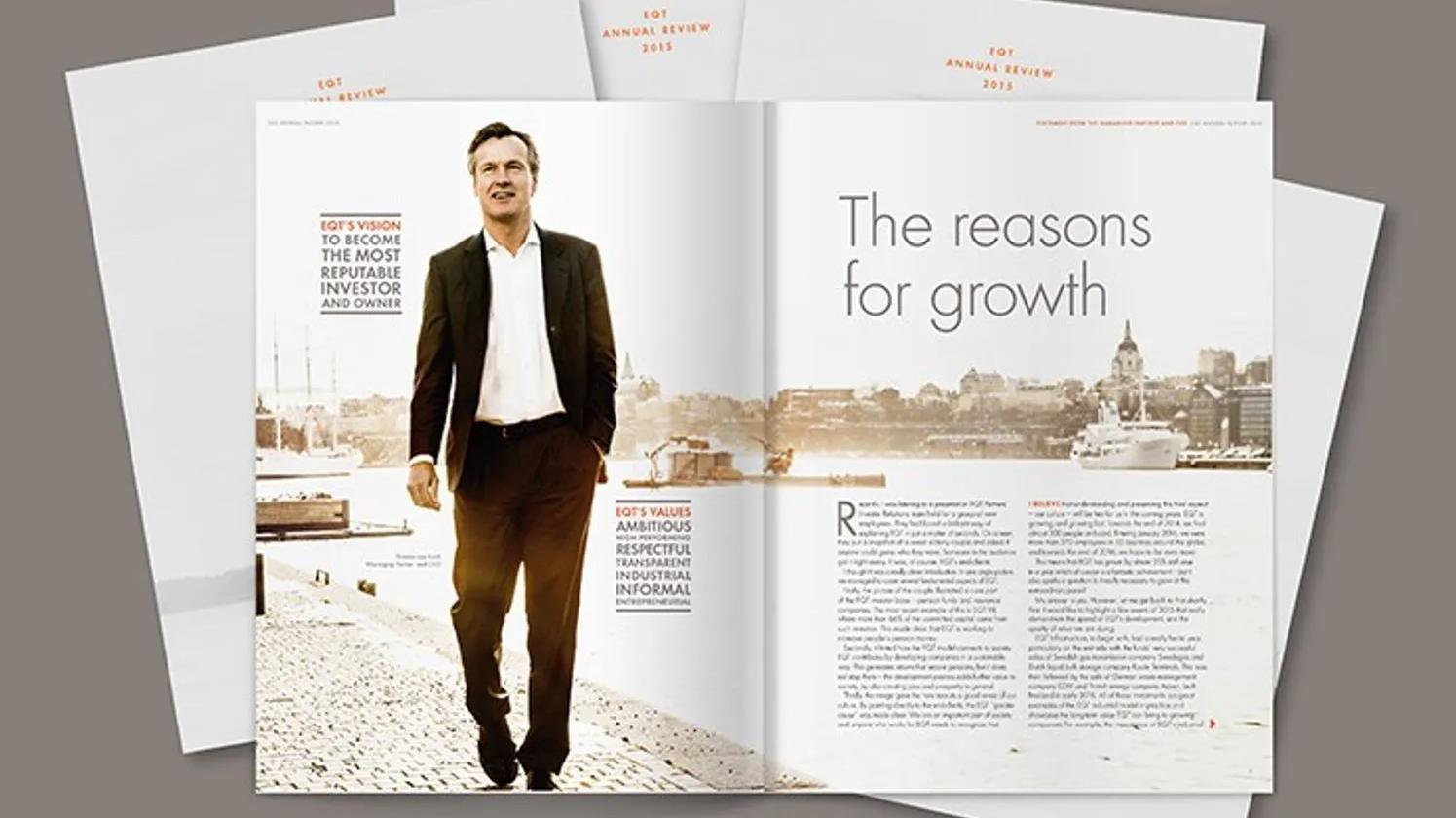 An open EQT Annual Review 2015 booklet featuring an article titled "The reasons for growth," with an image of a man in a suit walking along a waterfront, and additional copies of the booklet in the background.