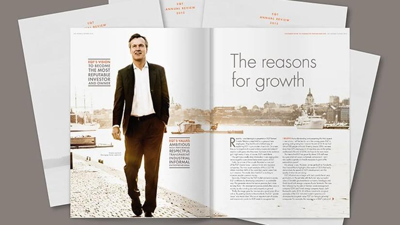 An open EQT Annual Review 2015 booklet featuring an article titled "The reasons for growth," with an image of a man in a suit walking along a waterfront, and additional copies of the booklet in the background.