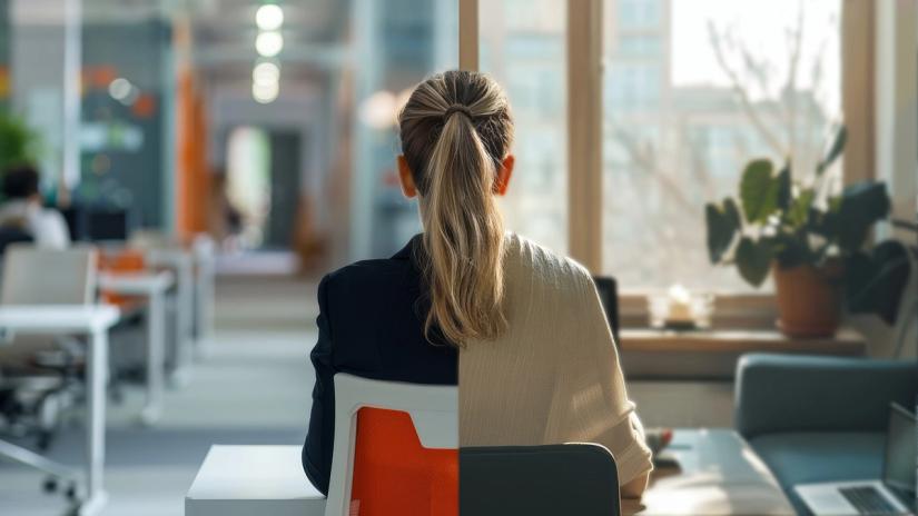 A woman sits at a desk, looking away from the viewer.