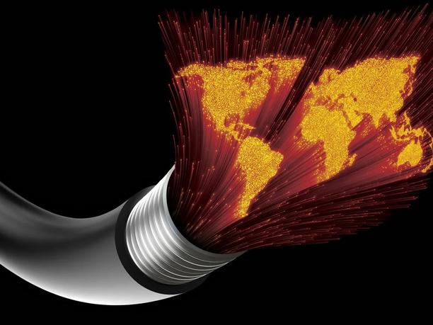 A digital illustration of a cable with glowing red fibers forming a world map.