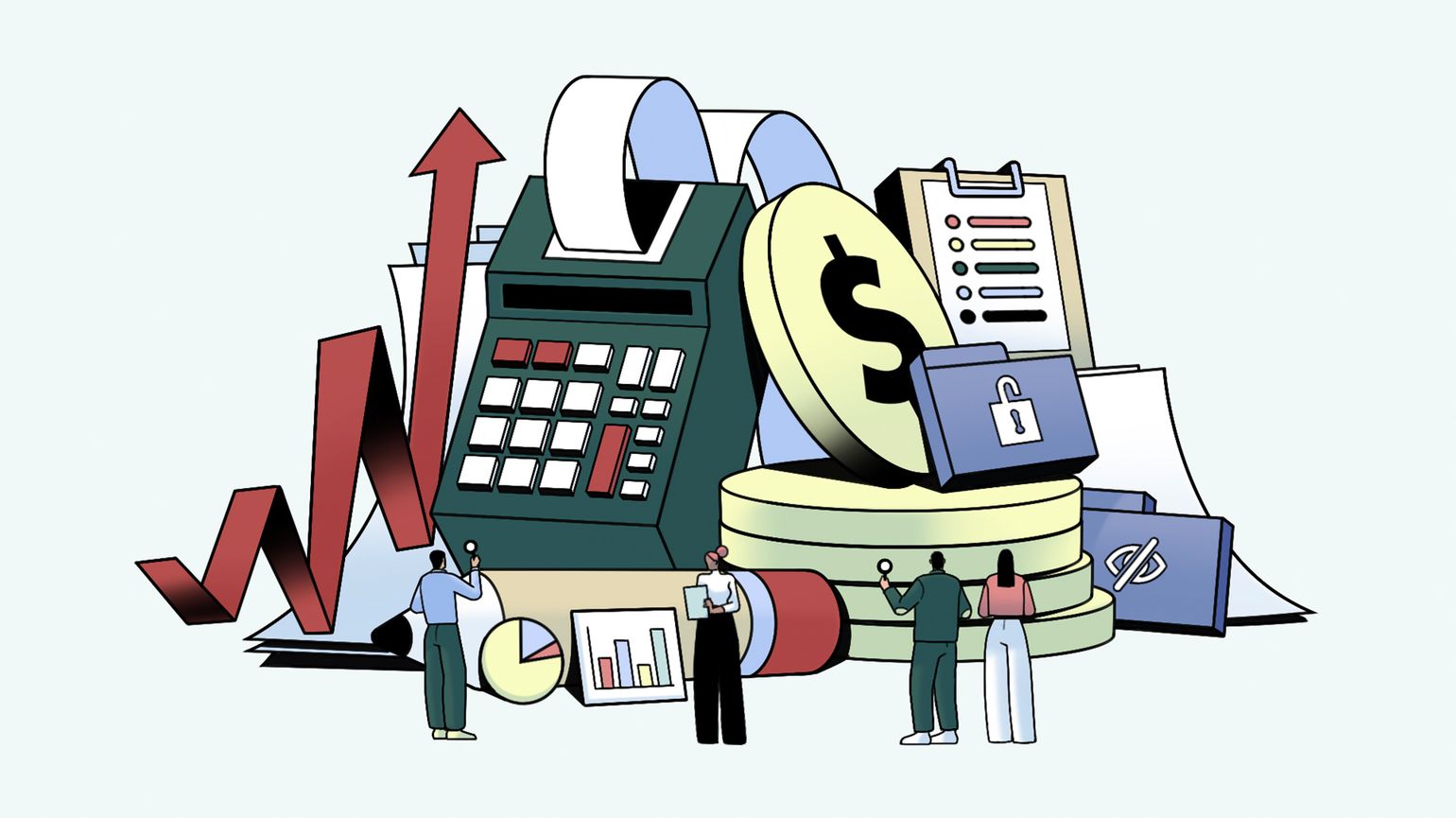 Graphic illustration showing four people standing close to a collection of items including a calculator, coins and financial documents, suggesting due diligence and financial management.