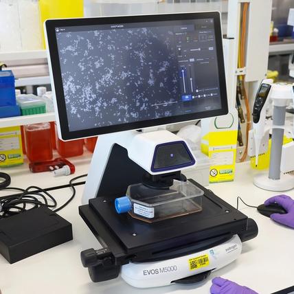 A clinician operates a piece of scientific equipment.