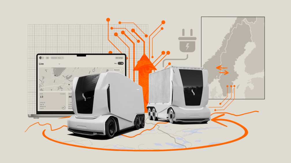 Two white autonomous electric trucks in front of a digital logistics dashboard, with circuit lines, a charging‑plug icon, and a map of Scandinavia in the background.