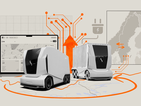 Two white autonomous electric trucks in front of a digital logistics dashboard, with circuit lines, a charging‑plug icon, and a map of Scandinavia in the background.