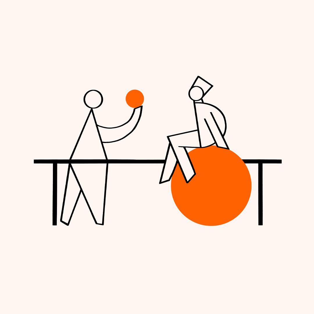 Minimalist line drawing of two figures at a table, one holding an orange ball and the other sitting on a large orange circle.