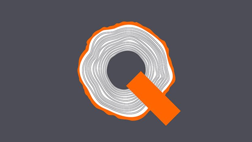 Abstract design resembling a tree ring with an orange outline and a rectangular orange bar intersecting it, set against a dark gray background.
