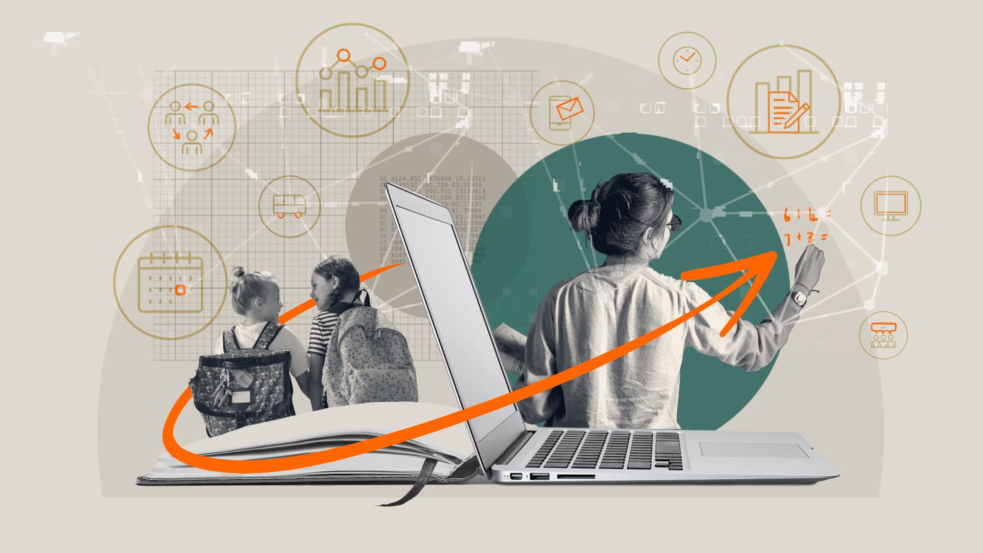 Illustration of children, a laptop, and a woman drawing an upward arrow, surrounded by icons representing data, learning, and planning.