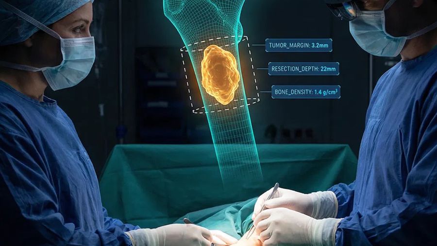 Two surgeons operating on a patient while a holographic bone scan with tumor data floats above, one surgeon wearing an augmented reality headset.