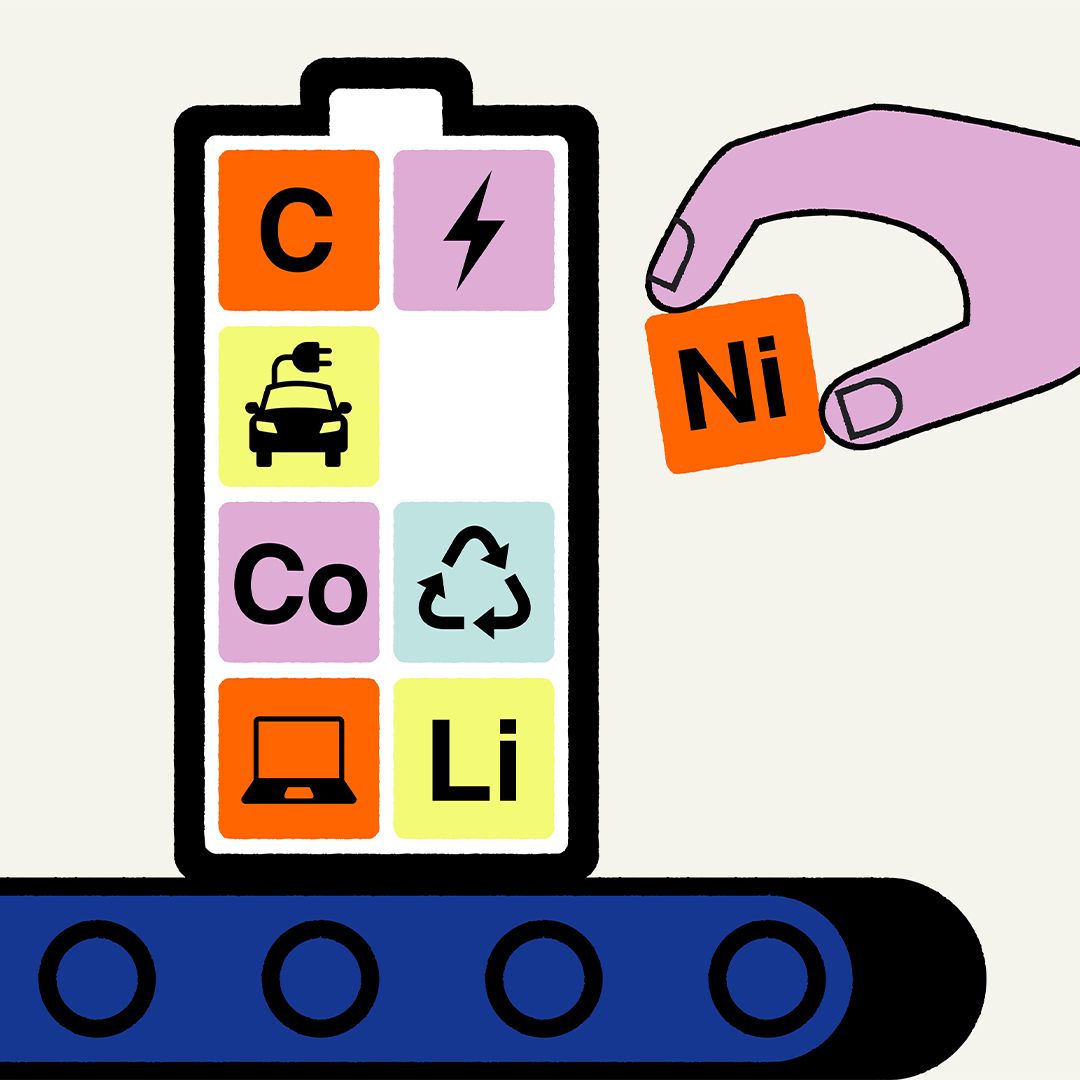 Illustration of a battery on a conveyor belt showing materials and uses, with a hand inserting a block labeled “Ni.