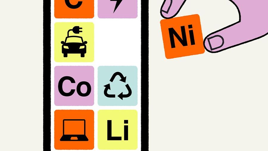 Illustration of a battery on a conveyor belt showing materials and uses, with a hand inserting a block labeled “Ni.