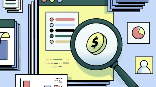 An illustration of financial documents, charts, and folders with a magnifying glass focusing on a dollar coin, symbolizing financial analysis and data review.
