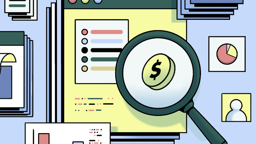 An illustration of financial documents, charts, and folders with a magnifying glass focusing on a dollar coin, symbolizing financial analysis and data review.