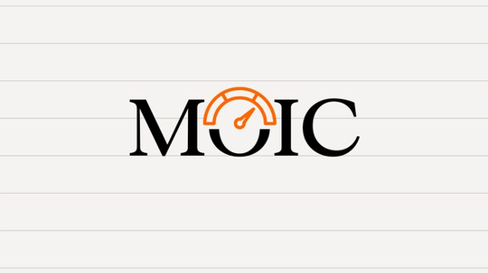 The acronym MOIC in large black serif letters with an orange speedometer gauge icon replacing the top of the letter O.