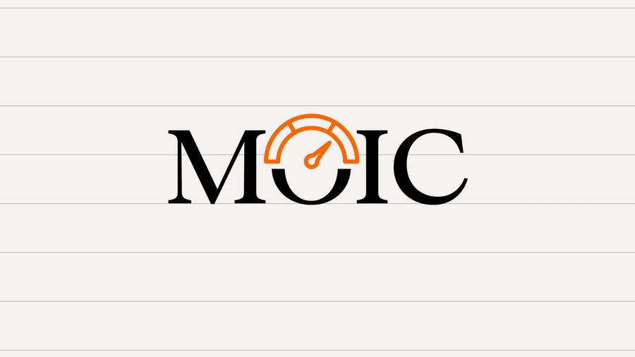 The acronym MOIC in large black serif letters with an orange speedometer gauge icon replacing the top of the letter O.