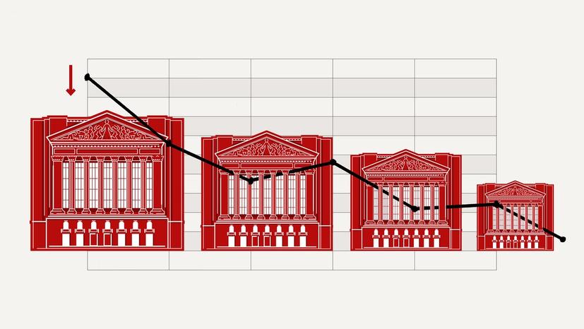 A chart with columned buildings, shrinking over time.