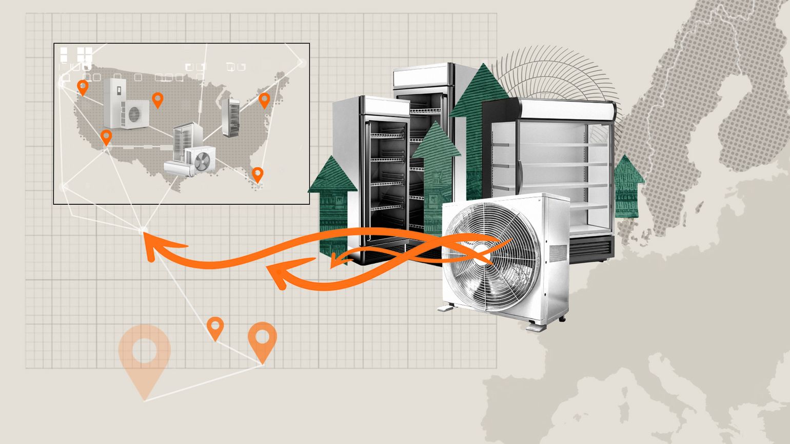 A collage-style illustration showing commercial refrigerators and HVAC units, with location markers on a map, orange arrows indicating movement, and green upward arrows, set against a background of Europe and grid patterns.