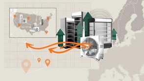 A collage-style illustration showing commercial refrigerators and HVAC units, with location markers on a map, orange arrows indicating movement, and green upward arrows, set against a background of Europe and grid patterns.