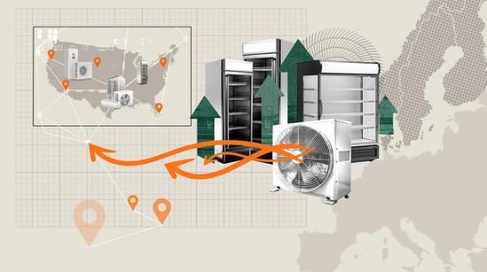 A collage-style illustration showing commercial refrigerators and HVAC units, with location markers on a map, orange arrows indicating movement, and green upward arrows, set against a background of Europe and grid patterns.