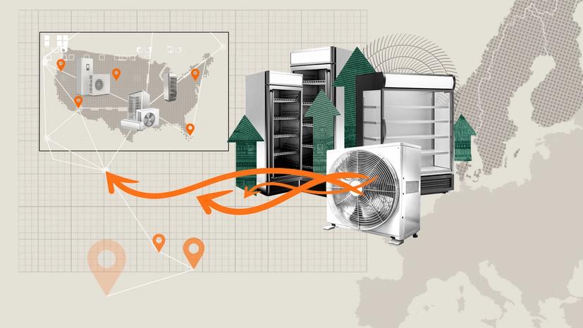 A collage-style illustration showing commercial refrigerators and HVAC units, with location markers on a map, orange arrows indicating movement, and green upward arrows, set against a background of Europe and grid patterns.