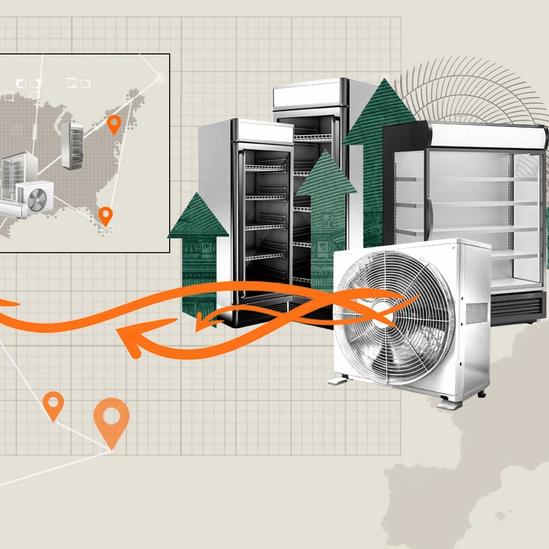 A collage-style illustration showing commercial refrigerators and HVAC units, with location markers on a map, orange arrows indicating movement, and green upward arrows, set against a background of Europe and grid patterns.