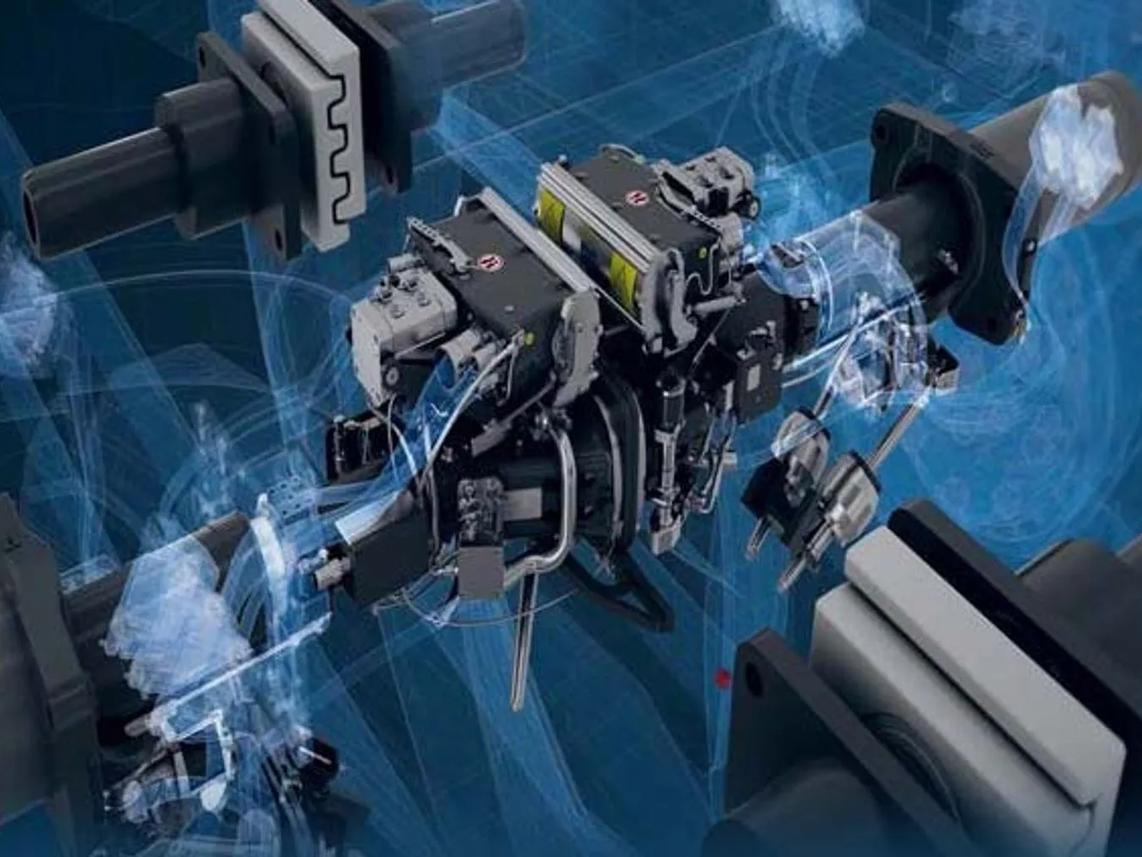 A detailed 3D rendering of a mechanical assembly, featuring interconnected components and gears.