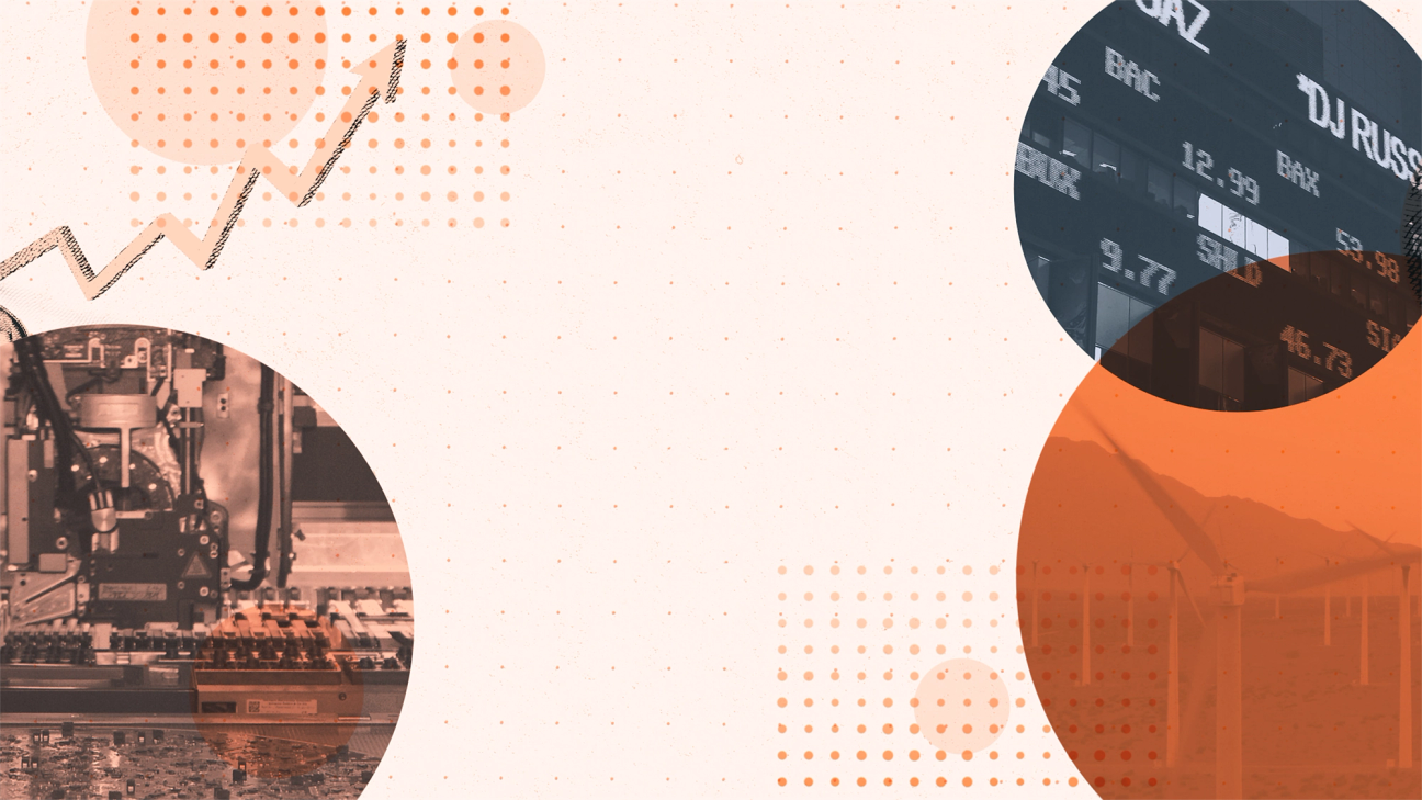 Abstract graphic with overlapping circles showing a stock market ticker, a factory machine, and wind turbines, with an upward zigzag arrow and dotted patterns on a light background.