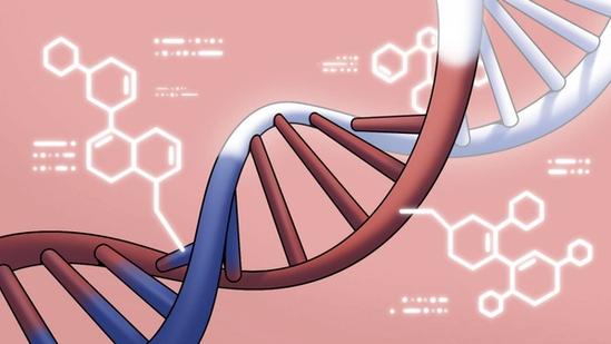 Close-up illustration of a DNA double helix with glowing chemical structures in the background.