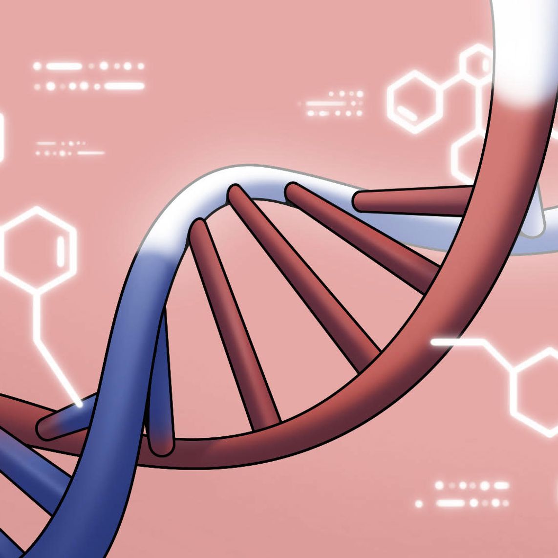 Close-up illustration of a DNA double helix with glowing chemical structures in the background.