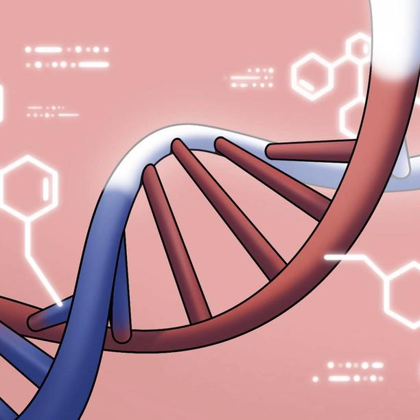 Close-up illustration of a DNA double helix with glowing chemical structures in the background.