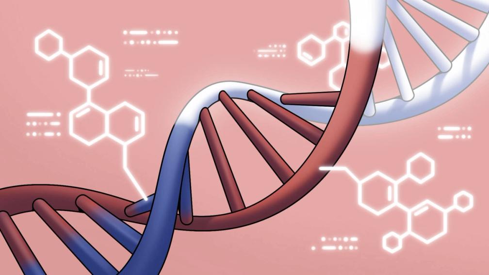 Close-up illustration of a DNA double helix with glowing chemical structures in the background.