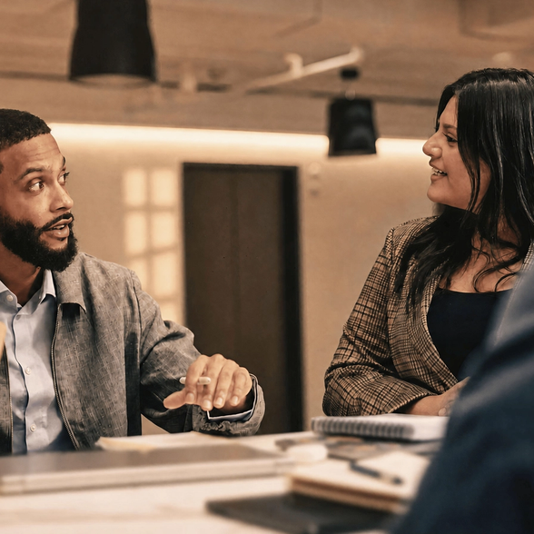Two colleagues discussing at a table