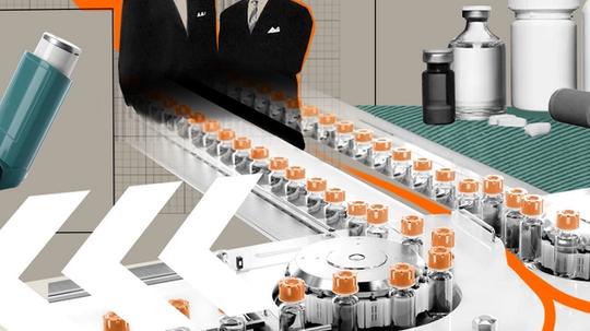 A collage-style illustration featuring a medicine production line with vials, an inhaler, various medicine bottles, and two vintage portraits, with bold orange and white arrows indicating movement.
