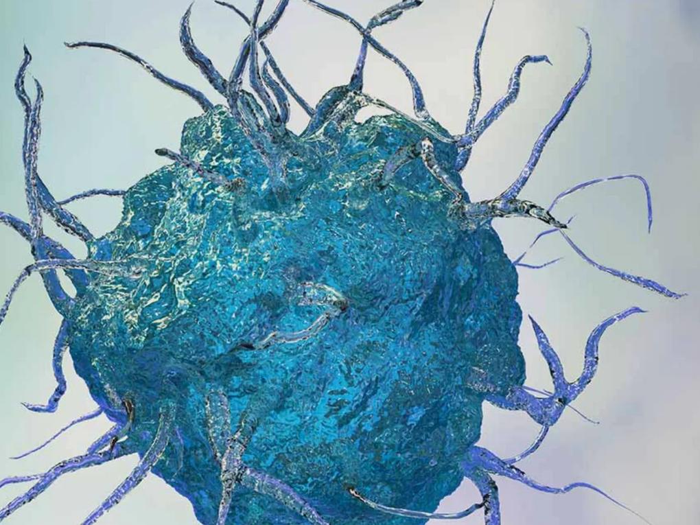 A 3D rendering of a blue, textured cell with long, branching extensions.