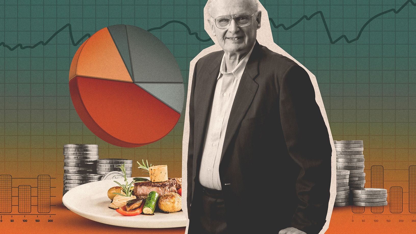 A collage-style illustration featuring an older man in a suit, a large pie chart, stacks of coins, a plate of food, and financial graphs in the background.
