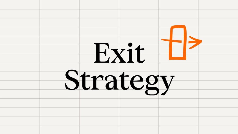 The words Exit Strategy in black with a smaller orange graphic of a rectangle with an arrow going through it.